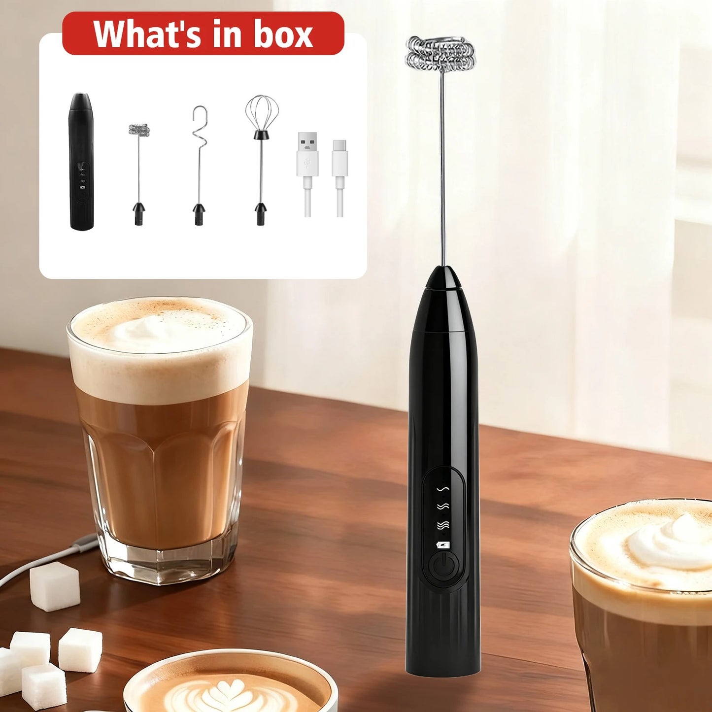 2-in-1 Milk Frother Wand Mini Handheld Milk Frother Whisk Rechargeable Drink Mixer for Coffee Lattes